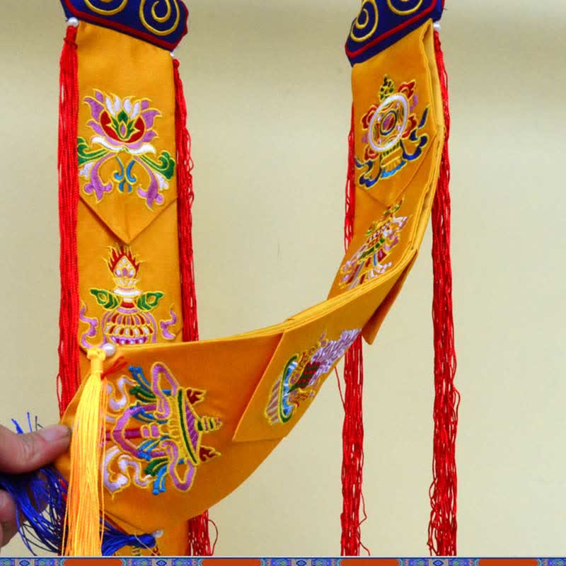 Lotus Auspicious Wall Art – Draped ceremonial banner with Ashtamangala embroidery, Ritual textile