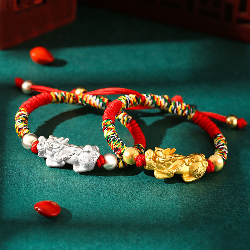 999 Sterling Silver PiXiu King Kong Knot Kids Bracelet – 999 Sterling Silver Golden PiXiu / Colorful Rope(Bracelet Size 12...