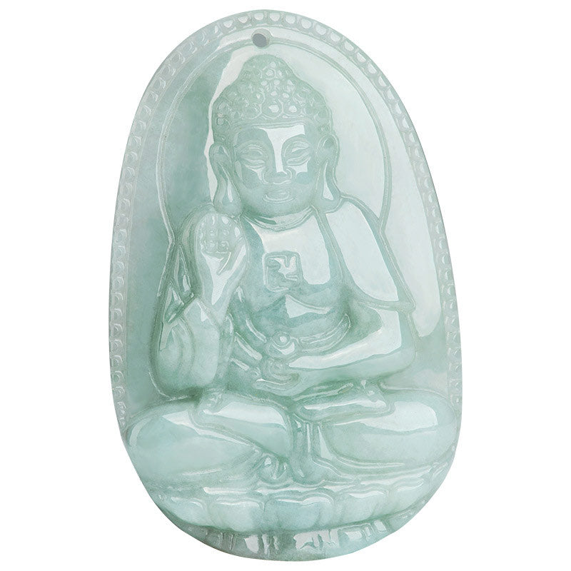 Zodiac Buddha Jade Necklace – centered front view of jade guardian pendant, detailed lotus seat carving, white background