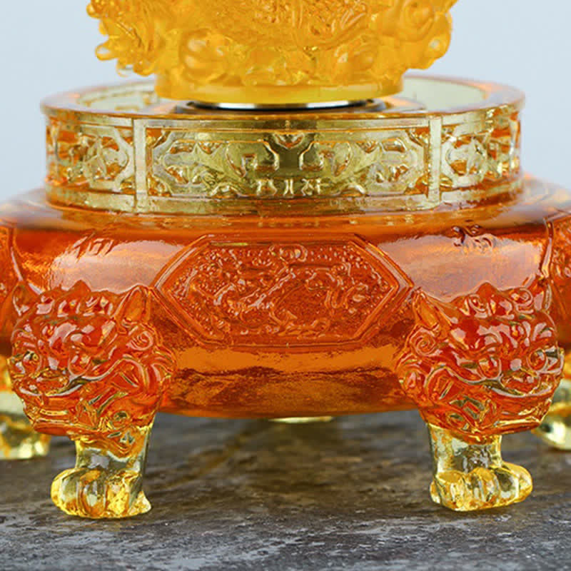 Liuli Dragon Ornament Base – Amber crystal base with gold band and guardian lion feet, Strength