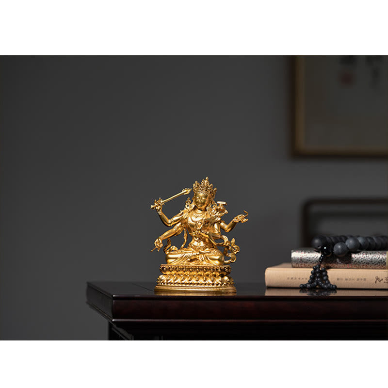 Four-Armed Manjusri Bodhisattva Gold Copper Statue Home Decor – blue silk scarf altar, wisdom Bodhisattva shrine