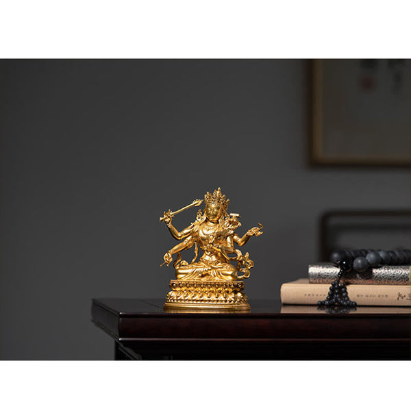 Four-Armed Manjusri Bodhisattva Gold Copper Statue Home Decor – blue silk scarf altar, wisdom Bodhisattva shrine