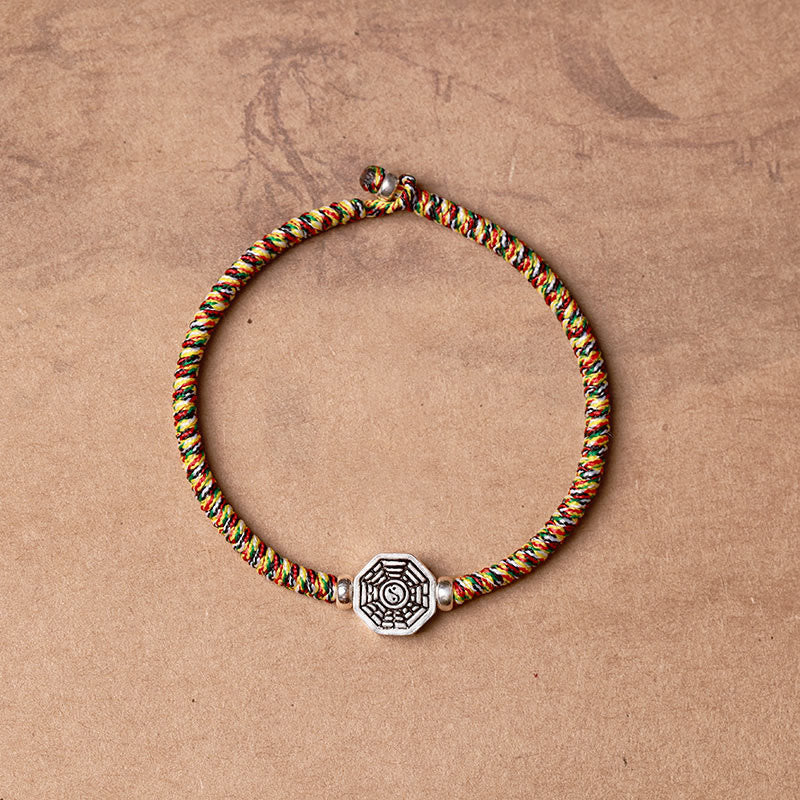 925 Sterling Silver Yin Yang Bagua Cinnabar Bracelet – Multi-color braided cord with Bagua charm, woven adjustable bracelet