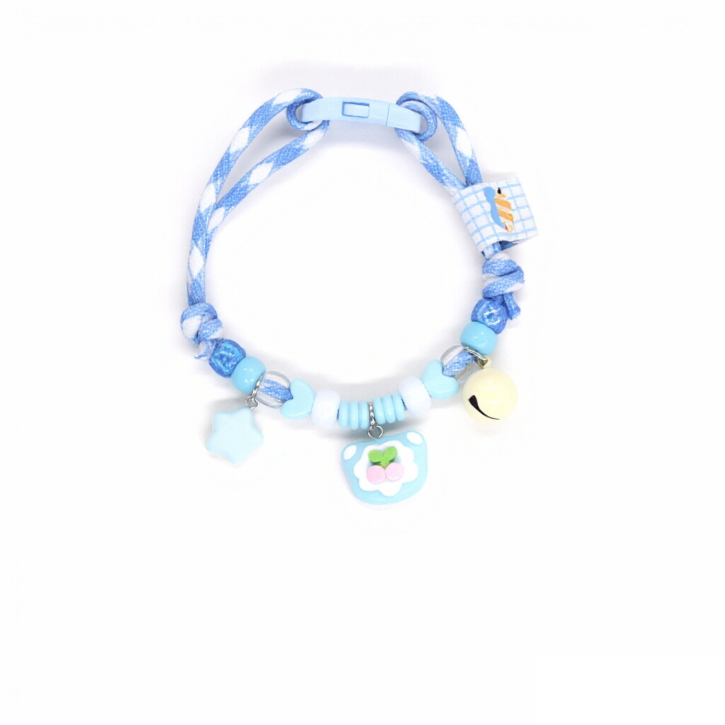 Adjustable Cat Collar – Blue-white houndstooth rope with cherry paw, star & cream bell, pet collar