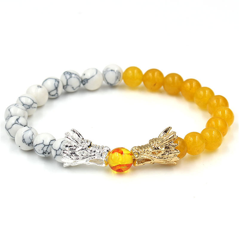 White Turquoise Lava Rock Dragon Bracelet – White and gold two-tone beads silver gold dragons amber center, Prosperity
