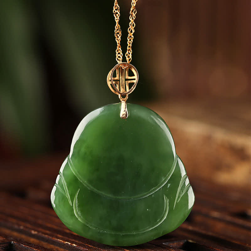 Laughing Buddha Cyan Jade Necklace – back view jade stone natural pattern, natural hetian jade texture