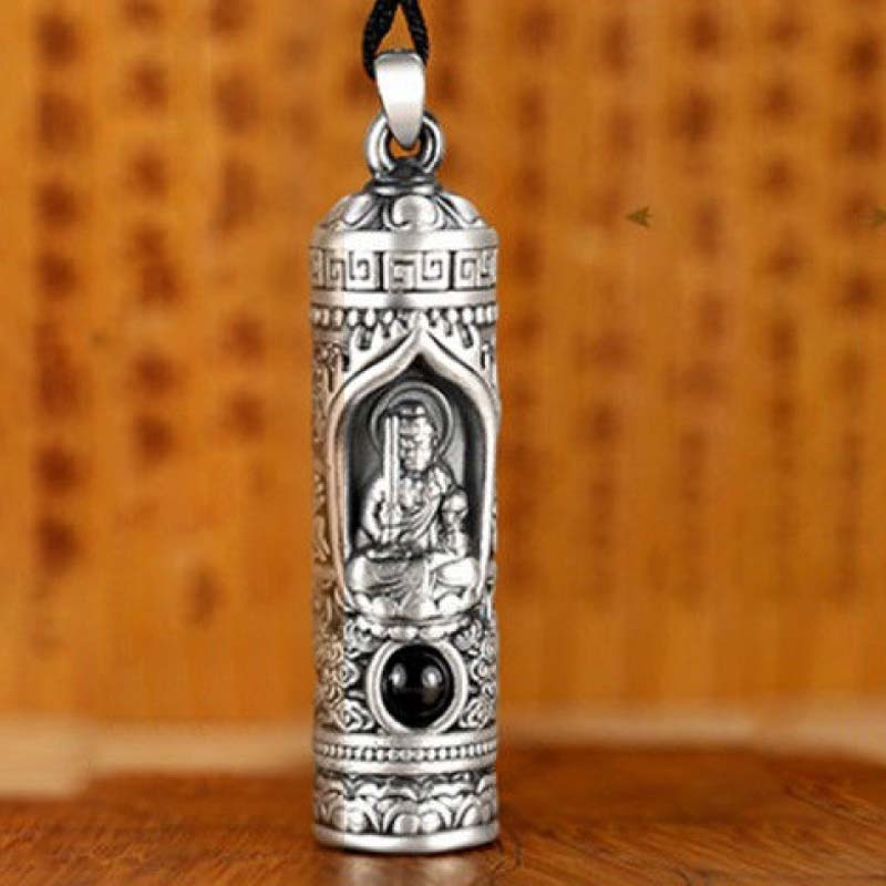 Chinese Zodiac Natal Buddha Projection Necklace – Three-quarter view with sword-wielding deity, Manjushri wisdom Buddha