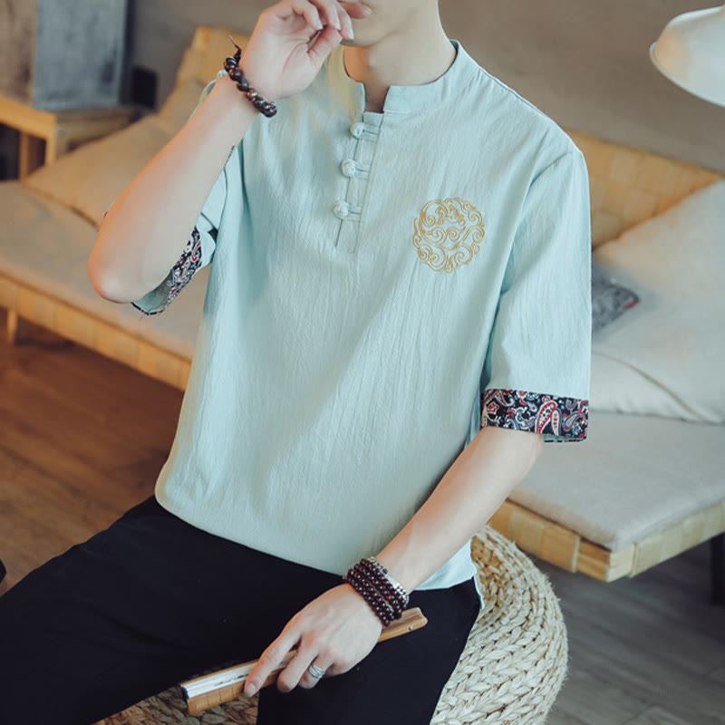 Dragon Embroidery Frog-Button Linen Tang Suit Shirt - Teal mandarin collar with embroidered cuffs, ethnic