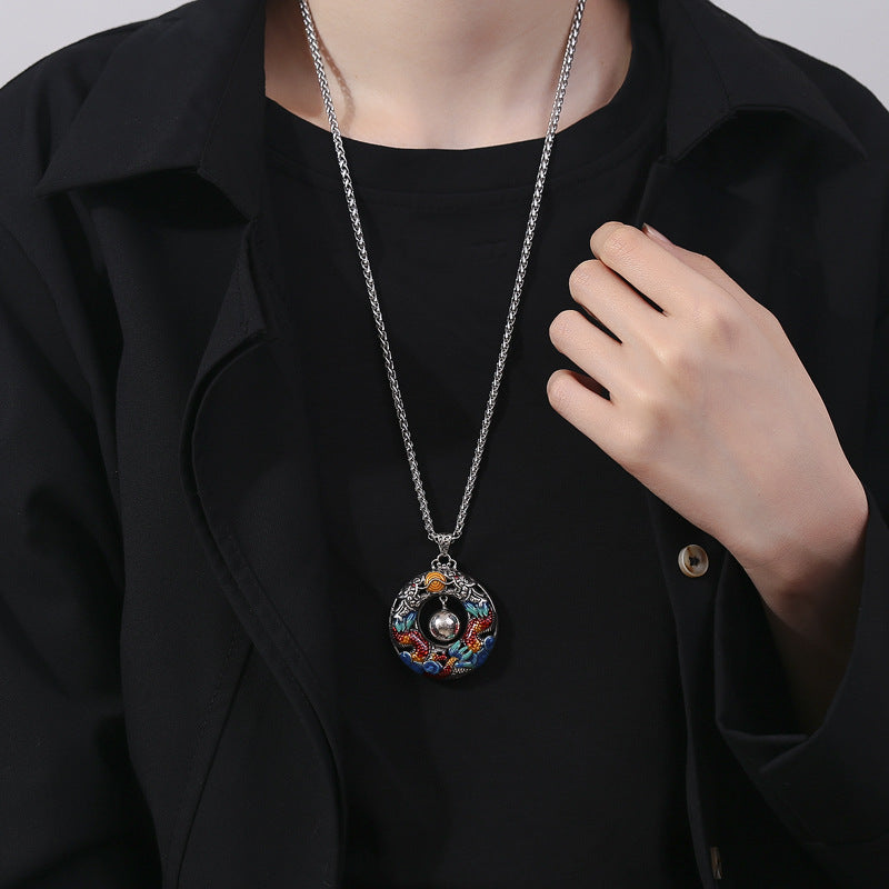 Double Dragon Copper Necklace – Dragon medallion worn on model, silver wheat chain, statement jewelry