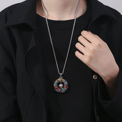 Double Dragon Copper Necklace – Dragon medallion worn on model, silver wheat chain, statement jewelry