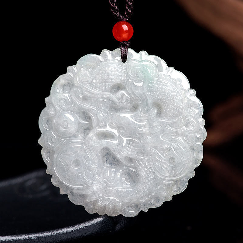 White Jade Dragon Necklace – Dragon chasing pearl relief carving with translucent white jade, Lucky