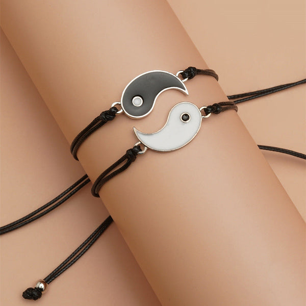 Yin Yang Hematite Bracelet - Black & white charms worn together on single wrist, adjustable fit