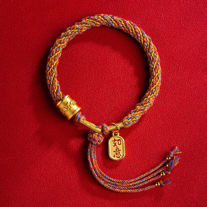Multicolored Tibetan Om Mani Padme Hum Ruyi Braided Bracelet – Flat lay with Ruyi tassel, lucky bracelet