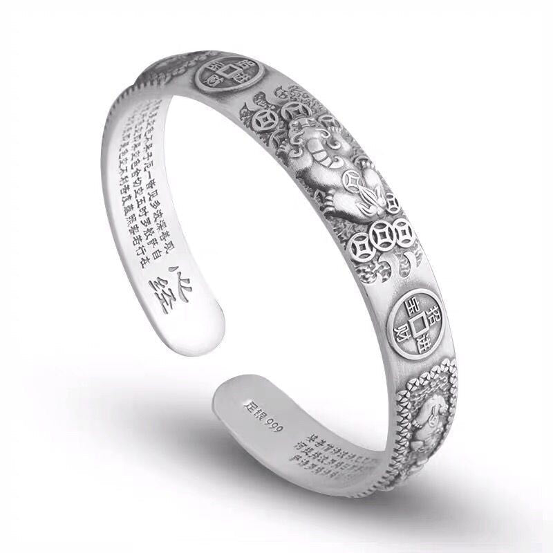 Tibetan PiXiu Heart Sutra Coin White Copper Wealth Bracelet – silver cuff with PiXiu coins white bg, feng shui luck