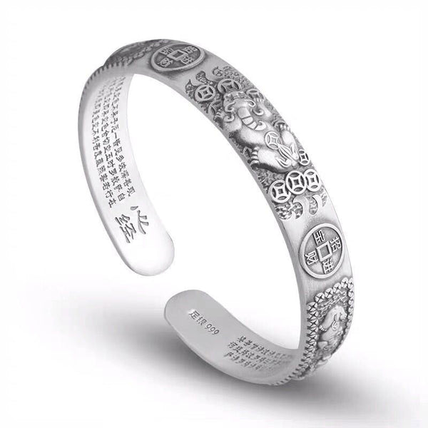 Tibetan PiXiu Heart Sutra Coin White Copper Wealth Bracelet – silver cuff with PiXiu coins white bg, feng shui luck