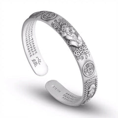 Tibetan PiXiu Heart Sutra Coin White Copper Wealth Bracelet – silver cuff with PiXiu coins white bg, feng shui luck