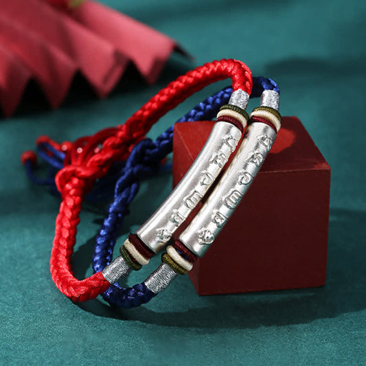 Om Mani Padme Hum Red String Bracelet – Red and blue cord pair with silver cylinders, couples bracelet