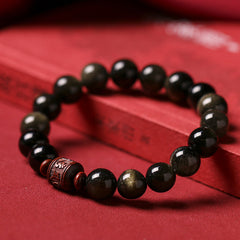 Gold Sheen & Rainbow Obsidian Fu Bracelet – obsidian beads on crimson silk, golden cat-eye stone bracelet