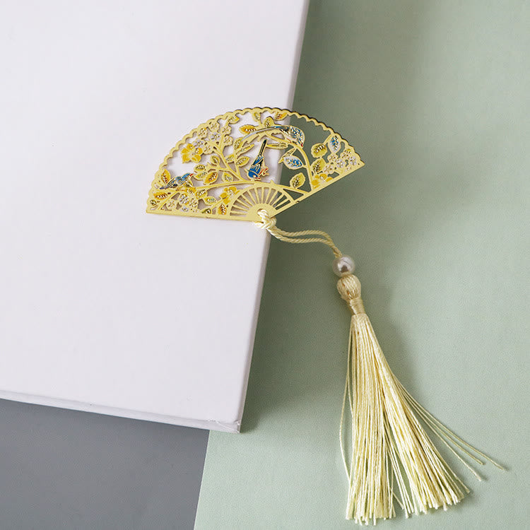 Brass Hollow Fan Bookmark - Floral bird cutout with cream tassel and pearl, exquisite