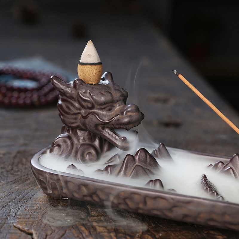 Dragon Mountain Burner - dark ceramic backflow smoke stick incense, protective, zen