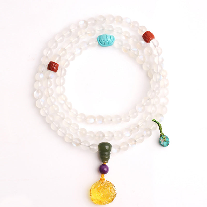Moonstone Amber Turquoise Lotus Mala - White moonstone mala with carved turquoise lotus, prayer beads