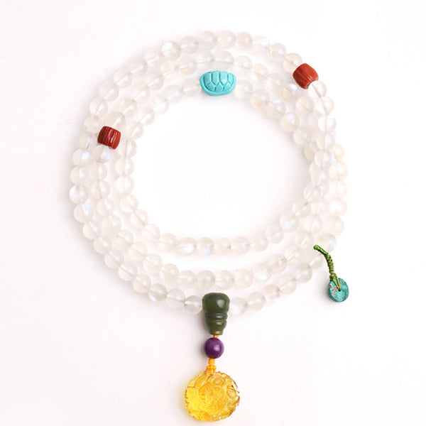 Moonstone Amber Turquoise Lotus Mala - White moonstone mala with carved turquoise lotus, prayer beads