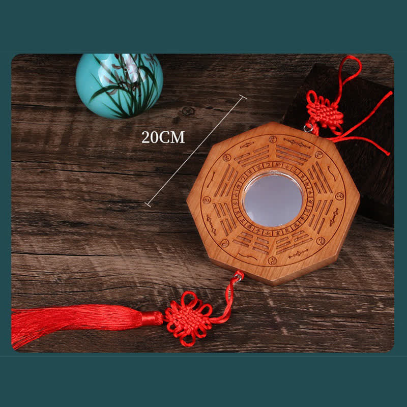 Peach Wood Bagua Map - octagonal wood plaque with four celestial animals and swastika fortune symbols
