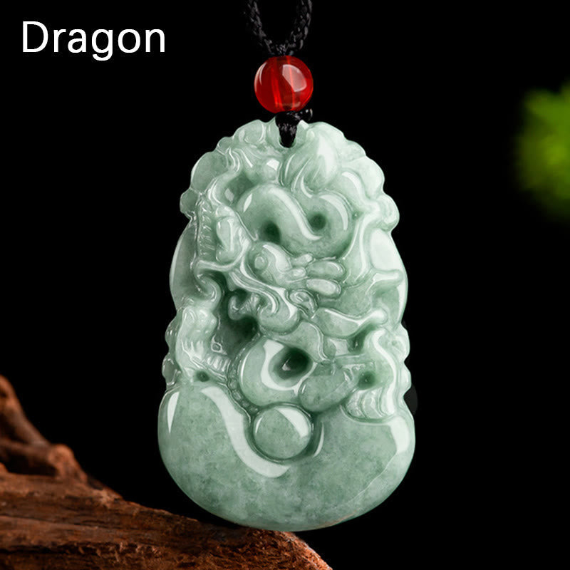 Green Jade Zodiac Necklace - Carved dragon pendant with ruyi clouds on dark bg, prosperity talisman