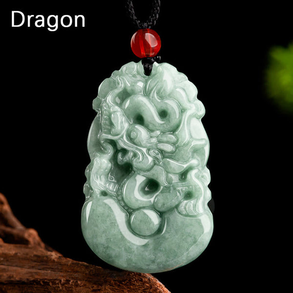Green Jade Zodiac Necklace - Carved dragon pendant with ruyi clouds on dark bg, prosperity talisman
