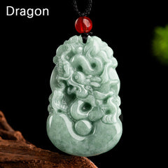 Green Jade Zodiac Necklace - Carved dragon pendant with ruyi clouds on dark bg, prosperity talisman