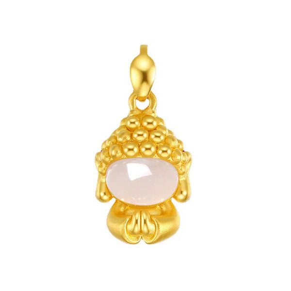 White Jade Buddha Success Pendant Necklace – Close-up gold Buddha pendant with white jade face, studio shot, mindful luxury