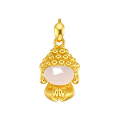 White Jade Buddha Success Pendant Necklace – Close-up gold Buddha pendant with white jade face, studio shot, mindful luxury