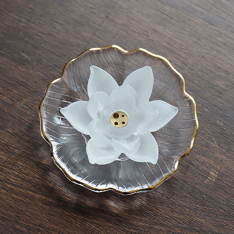 Lotus Liuli Incense Burner – on scalloped glass dish with gold rim, Luxurious