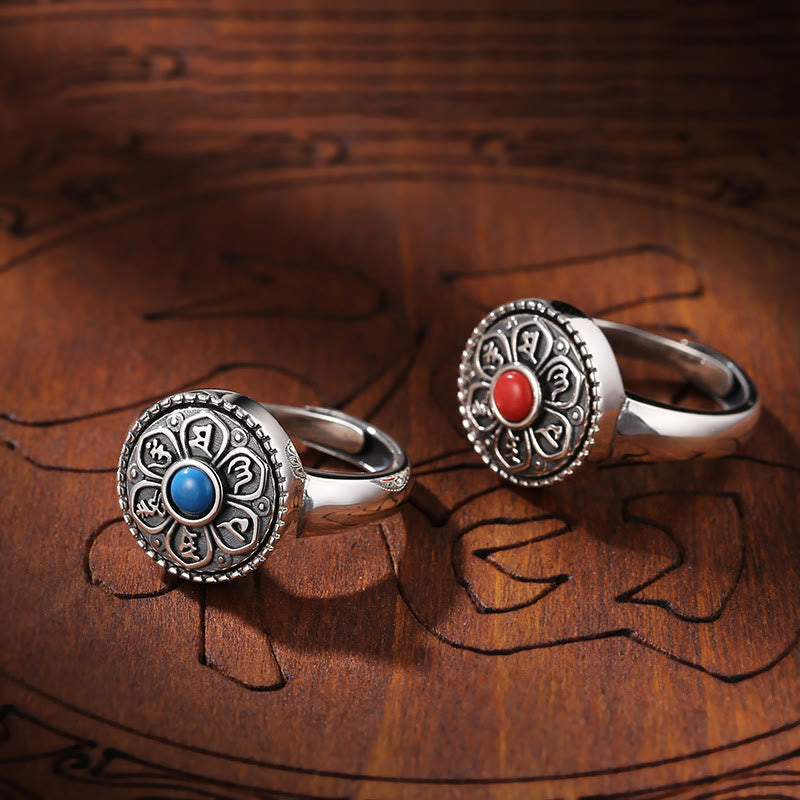 Tibetan Om Mani Padme Hum Ring – Red and blue adjustable band detail, copper ring