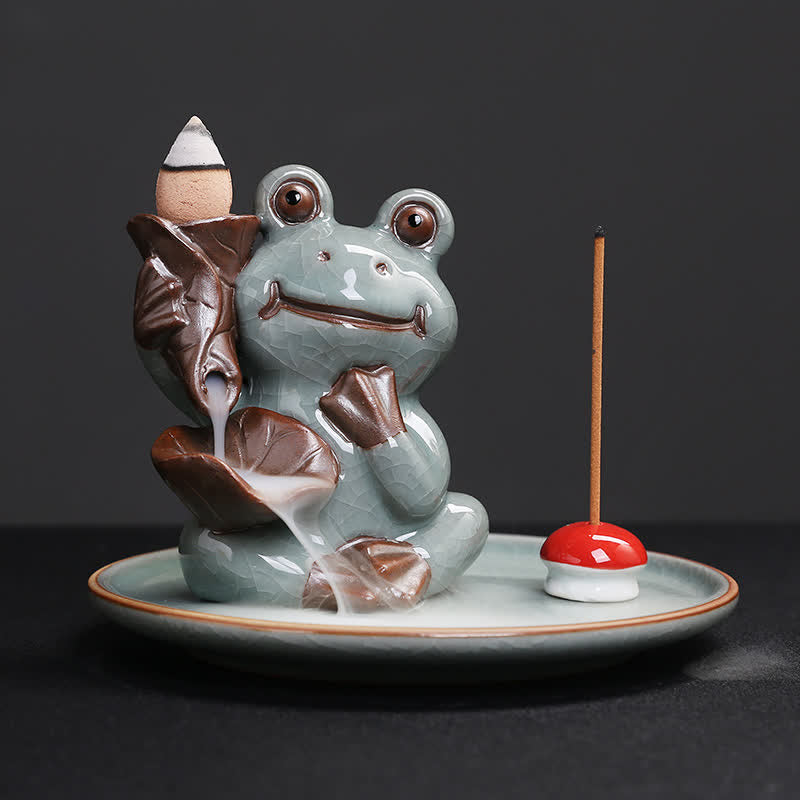 Meditation Frog Ceramic Lotus Incense Burner - Front angle with active smoke flow and dual holders, Peaceful