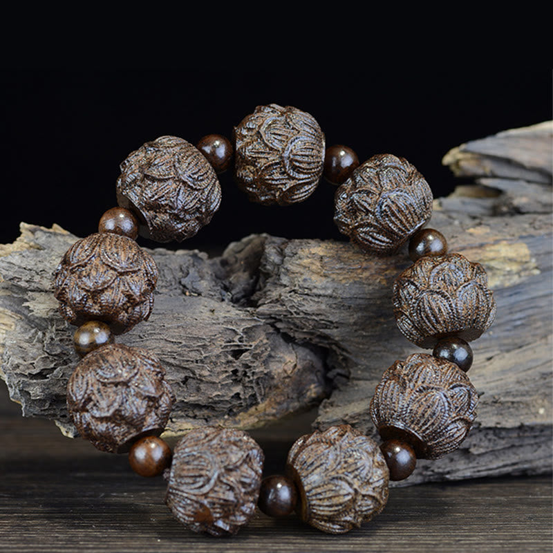 Ebony Wood Eighteen Arhats Lotus Dragon Bracelet - Lotus beads on weathered driftwood, Natural Elegance