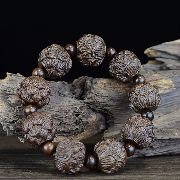 Ebony Wood Eighteen Arhats Lotus Dragon Bracelet - Lotus beads on weathered driftwood, Natural Elegance