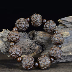 Ebony Wood Eighteen Arhats Lotus Dragon Bracelet - Lotus beads on weathered driftwood, Natural Elegance