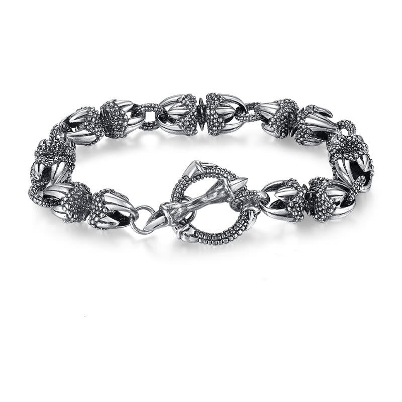 Dragon Claw Engraved Strength Protection Bracelet – Full circle on white, silver talon grip beads, three-quarter view, Striking