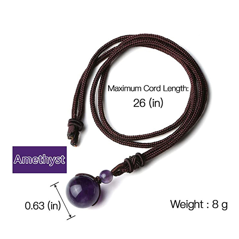 Tibetan Tiger Eye Obsidian Amethyst Protection Necklace – Amethyst sphere pendant necklace with specs detail, dark brown cord