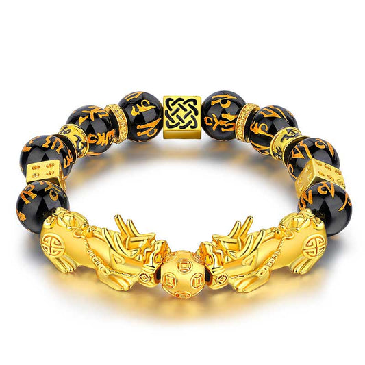 Obsidian double Pixiu Om Mani Padme Hum feng shui bracelet with gold Sanskrit mantra-inscribed black obsidian beads twin Pixiu guardian figures coin motif center bead and gold spacer elements