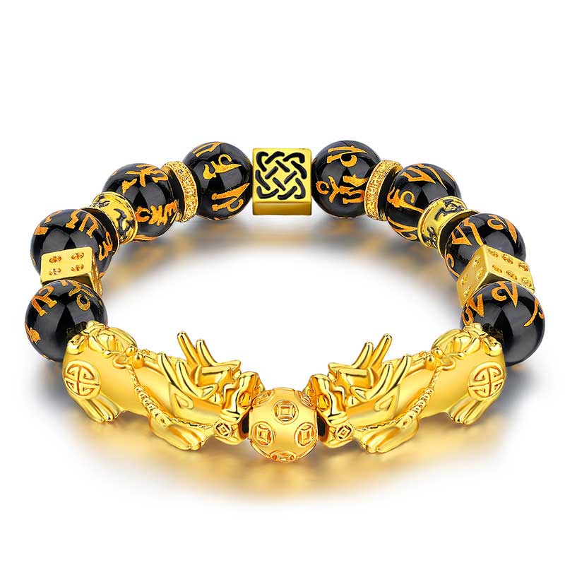 Double Pixiu Obsidian Bracelet – two gold Pixiu charms with mantra beads on white background, feng shui jewelry