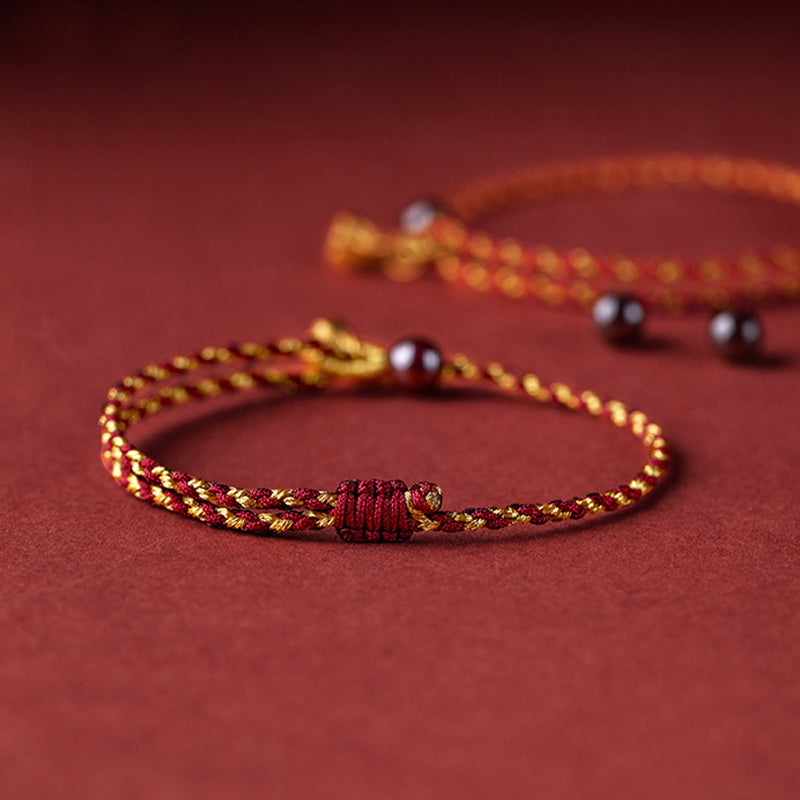Red Gold Rope Lotus Braid Bracelet - stacked pair highlighting gold thread texture, braid bracelet