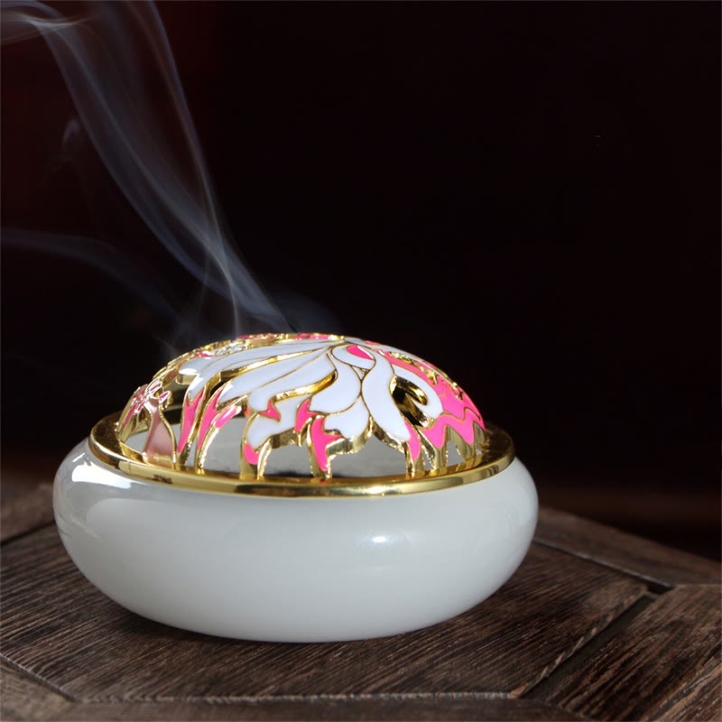 White Nine-Tailed Fox Incense Burner - Smoke rising with floral enamel lid on wood, crystal censer