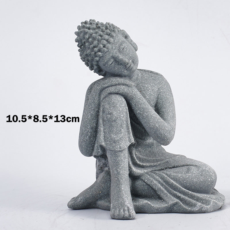 Sitting Meditation Buddha Sandstone Statue – golden graphic illustration, branded card, symbol art