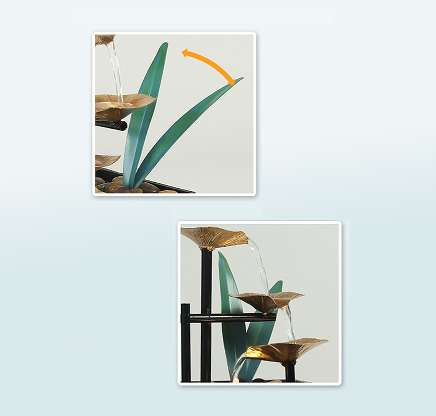 Three Layers Lotus Waterfall Fountain - Adjustable green leaves with gold lotus cascade, Versatile
