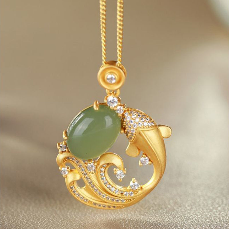 Cyan Jade Koi Fish Healing Necklace Pendant – close-up of cyan jade koi carving, healing gemstone pendant