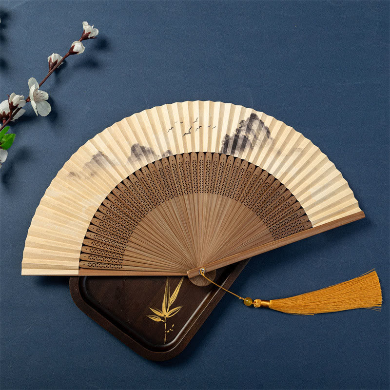 Lotus Dragonfly Wild Geese Silk Bamboo Folding Fan - plum blossom with scholar rock, pierced ribs, dark tassel