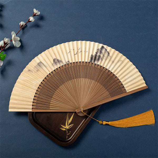 Lotus Dragonfly Wild Geese Silk Bamboo Folding Fan - plum blossom with scholar rock, pierced ribs, dark tassel