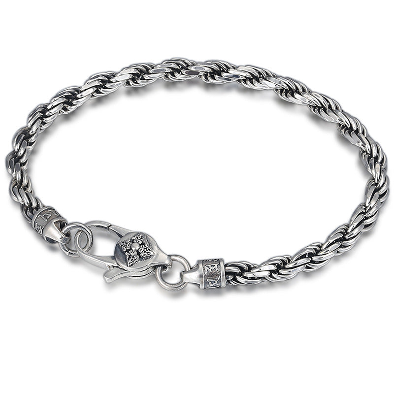 Silver Rope Chain Bracelet – full woven chain with engraved clasp on white background, men's silver jewelry